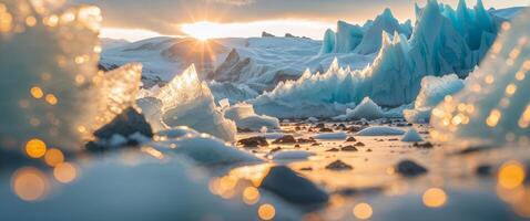 Abstract view of a glacier with rocks and golden light shining through the ice formation surface photo