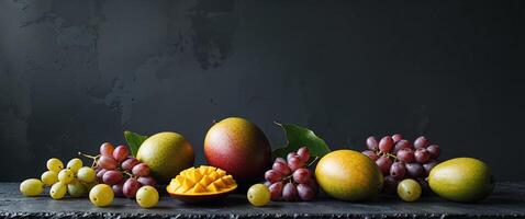 Fresh Mango Grapes And Assorted Fruits On Dark Textured Surface Still Life. photo