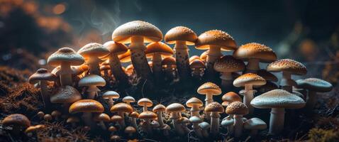 A group of mushrooms are lit up in a circle. photo
