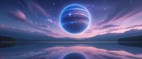 Stunning lake view with a large planet and cosmic sky at twilight. photo