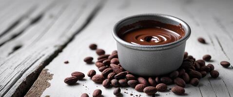 Melting Chocolate in a Pot Surrounded by Cocoa Beans on Wooden Surface. photo