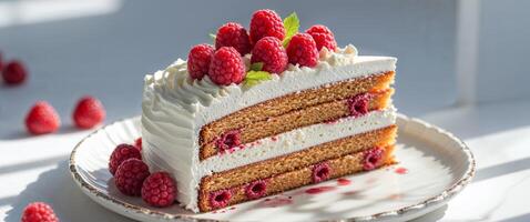 Close up view of a slice of layered cake with raspberries and cream on a plate in a bright setting. photo