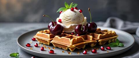 Delicious waffle topped with vanilla ice cream fresh cherries pomegranate seeds and mint on dark background. photo