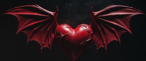 Red Abstract Bat Wings Heart Gothic Art Dramatic Chiaroscuro Dark Background. photo