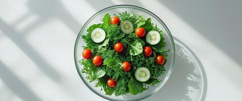 Fresh Green Salad with Tomatoes and Cucumbers in Glass Bowl photo
