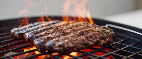 Grilled meat on a hot barbecue with burning coals photo