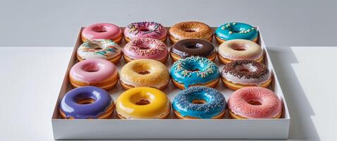 A dozen delicious colorful donuts arranged inside of a box photo