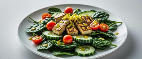 Diabetes friendly spinach grilled tofu salad with cherry tomatoes cucumbers and a sugar free ginger dressing. photo