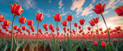 Stunning field of bright red tulips blooming in abundance beneath a clear blue sky on a sunny day photo