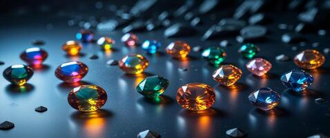 Glowing Colorful Gemstones on Dark Surface for Creative Display. photo