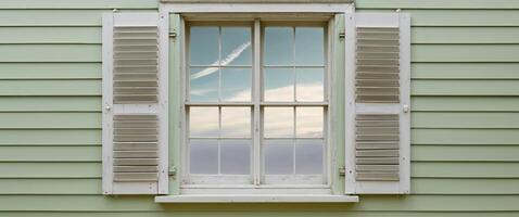 Vintage double hung window in green exterior wall with thin horizontal clapboard siding and white wooden trim and shutters photo