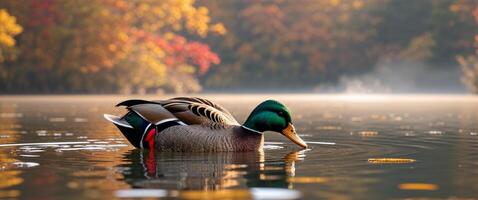 Mallard duck foraging in calm waters during autumn at a tranquil lake setting. photo
