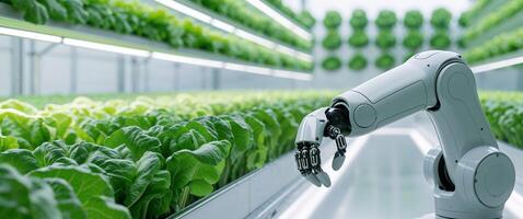Robotic Arm in Indoor Vertical Farm with Lush Green Lettuce Rows. photo