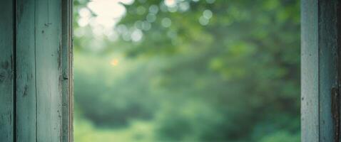 A weathered wooden surface frames a green outdoor natural background. photo