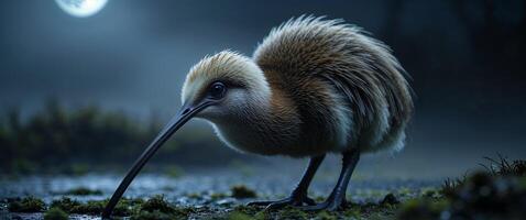 A nocturnal kiwi probes damp soil with its long beak its nostril. photo