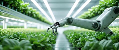 Robotic Arm in Indoor Vertical Farm with Lush Green Lettuce Rows photo