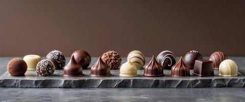 Delicious Assorted Chocolate Truffles Arrayed on a Textured Gray Surface in a Flat Lay Style Sweet Indulgence Gourmet Treat Chocolatey Background photo
