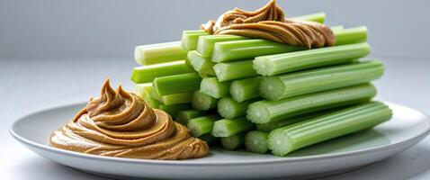 Preparing Celery Sticks with Peanut Butter Snack on Plate photo
