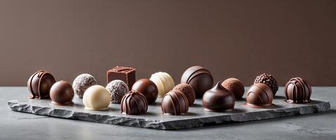 Delicious Assorted Chocolate Truffles Arrayed on a Textured Gray Surface in a Flat Lay Style Sweet Indulgence Gourmet Treat Chocolatey Background. photo