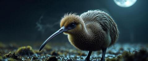 A nocturnal kiwi probes damp soil with its long beak its nostril photo