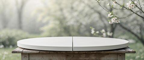 A white table with a white circular top sitting on a wooden table photo