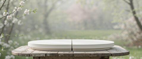 A white circular table with a white circular object on it photo
