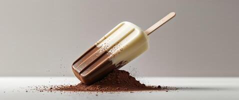A chocolate ice cream popsicle with a white chocolate bar on top photo