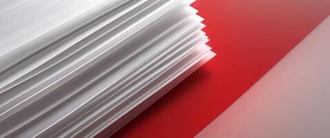 A stack of white papers on a red and white background photo