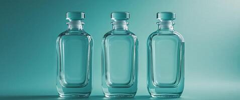 Three empty glass bottles on a green background photo