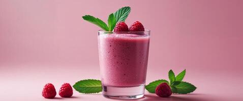Refreshing Raspberry Smoothie Served in a Glass With Decorative Mint and Fresh Raspberries on a Pink Background. photo