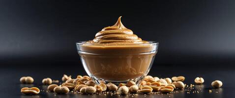 A clear bowl filled with peanut butter surrounded by peanuts on a dark background studio shot. photo