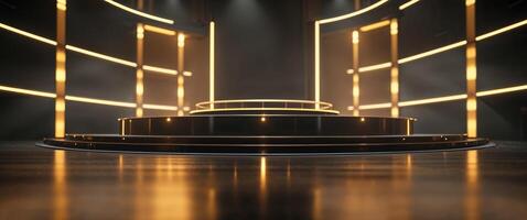 A Stunning Black Stage Lit by Golden Lights with a Circular Platform for Performances and Events. photo