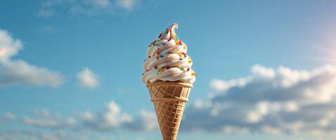 Delicious Ice Cream Cone with Sprinkles on Sunny Day. photo