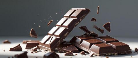 A chocolate bar is broken into pieces and scattered on the ground photo