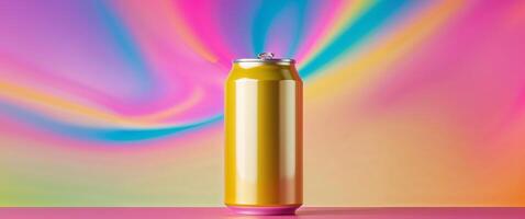 A shiny yellow beverage can placed with colorful backdrop gradients. photo