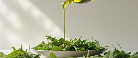 Fresh Salad Preparation with Olive Oil Drizzle in Bright Natural Light photo