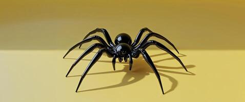 Black Rubber Spider Positioned Prominently on a Bright Yellow Background Creating a Striking Visual Contrast photo