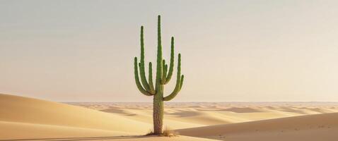 Experience the Vast Beauty of a Desert Landscape with a Lone Cactus Standing as a Symbol of Resilience Amid Endless Sands and Quiet Majesty. photo