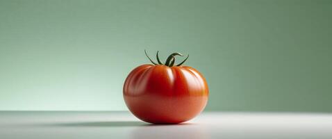 Single Ripe Red Tomato on White Surface with Green Background photo