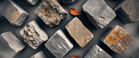 A group of rocks and leaves on a wall photo