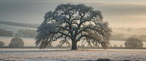 A tree in the middle of a field with frost on it photo