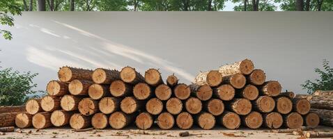 A pile of logs sitting in front of a white wall photo