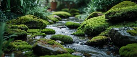 A stream of water flows through a lush green forest photo