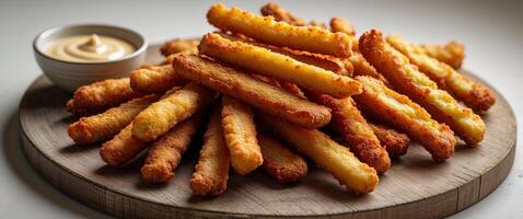 A plate of fries with dipping sauce on top photo