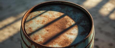 A rusty metal barrel with a shadow cast on it photo