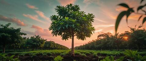 A tree stands in the middle of an open field photo