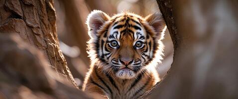 A tiger cub peeking out from behind a tree photo