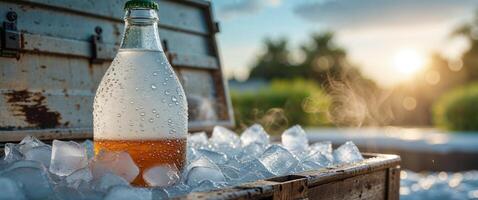 A bottle of beer sitting on ice in a wooden box photo