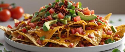 Serving of Loaded Nachos with Cheese and Fresh Toppings on Plate. photo