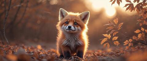 Cute Little Fox Cub in Warm Sunset Glow Among Soft Brown Foliage. photo